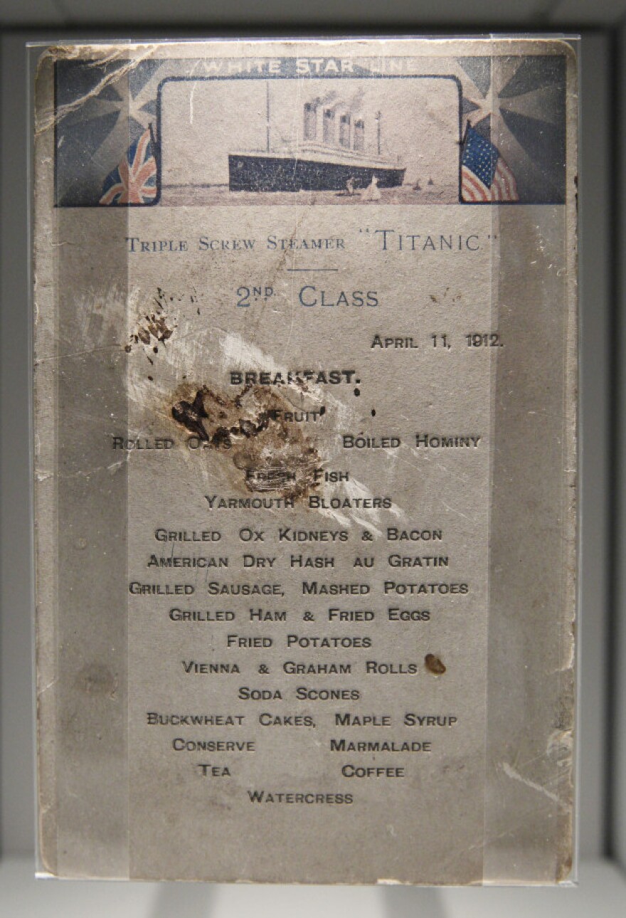A second class breakfast menu from Titanic seen on display at the SeaCity Museum in London.