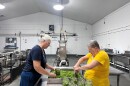 Two women stand over a pan of dozens of green beans, putting them into mason jars.