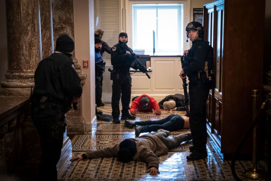 U.S. Capitol Police officers detain protesters outside of the House Chamber during a joint session of Congress on Jan. 6, 2021. Congress held a joint session to ratify Joe Biden's 306-232 Electoral College win over Donald Trump.