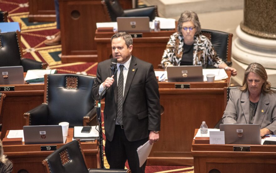 Rep. Brad Hudson, a Republican from Cape Fair, presents a bill that seeks to ban gender-affirming care for minors on the Missouri House floor Tuesday.