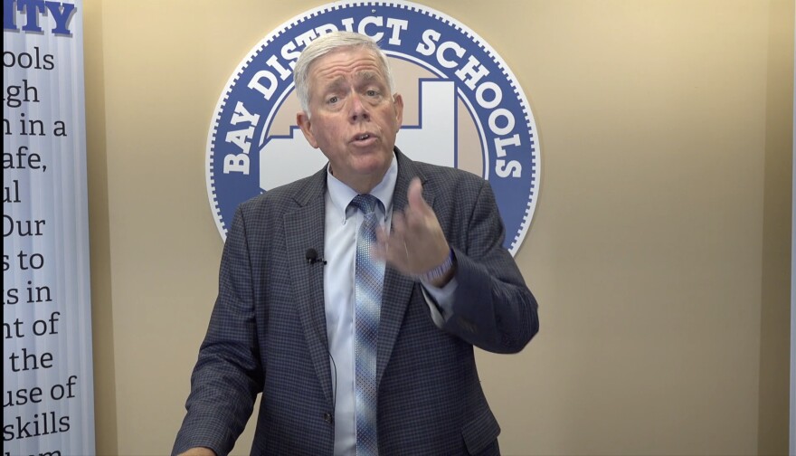  Bay District Schools' Superintendent Bill Husfelt gives parents an update about the district's COVID-19 protocol in a live-stream video posted to the school district's website on Monday, Aug. 9, 2021. 