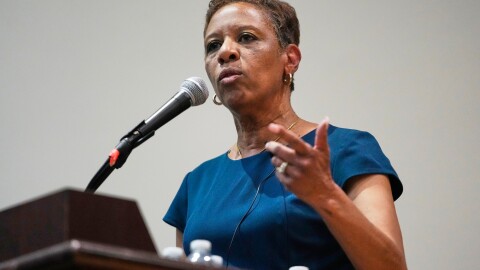 This April 2025 file photo shows then-New York City Council Speaker Adrienne Adams speaking at the New York City Mayoral Candidates Forum at Medgar Evers College in New York.