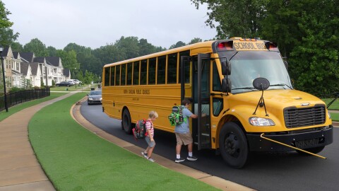 Children are getting on the bus.