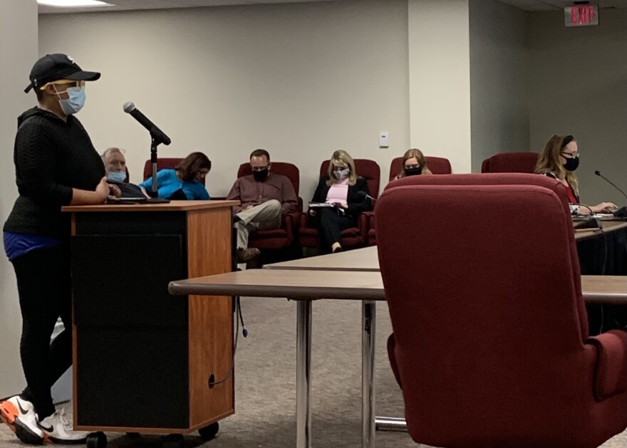 Bloomington resident Coretta Jackson addresses the Bloomington City Council during its meeting Monday, Oct. 11, 2021, at the downtown Government Center.