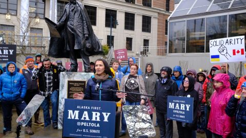 Mary Peltola addresses a crowd of supporters for her run for the U.S. Senate at a campaign event in Juneau on May 14, 2026.