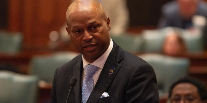 House Speaker Emanuel “Chris” Welch speaks on the House floor on Monday, June 1, telling his caucus there is more work to do on a Bears stadium bill.