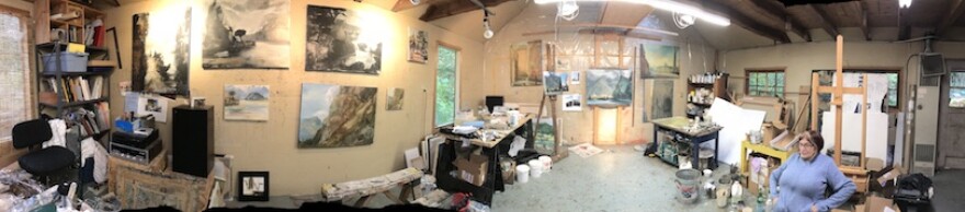 A panoramic view of Margaret Coe in her very painterly home studio.