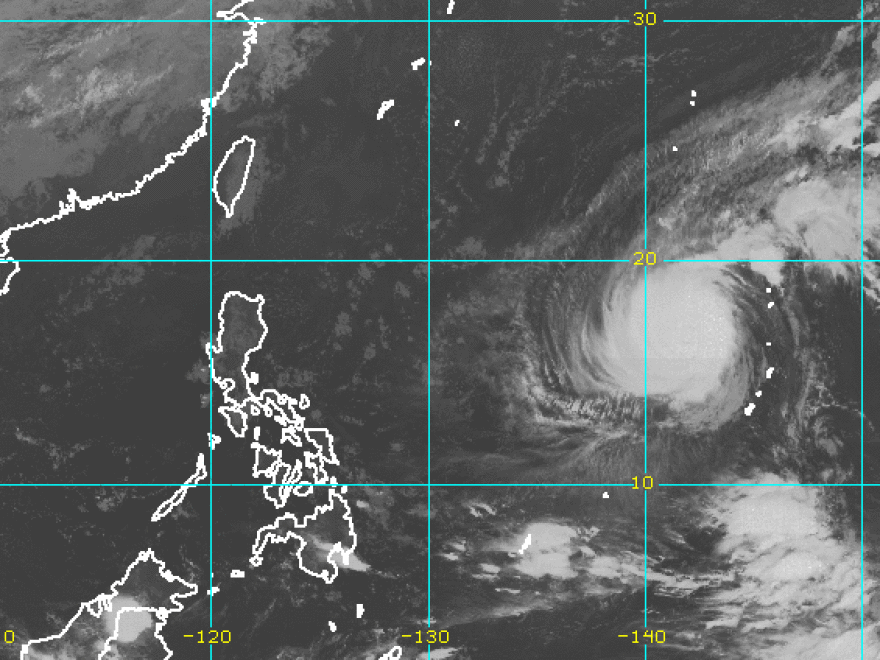 In a satellite image from Thursday, Yutu can be seen moving west from the Mariana Islands, heading toward the Philippines and Taiwan.