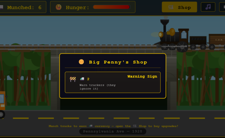 Screenshot of Big Penny Game with pop-up of Big Penny's Shop. A warning sign costs two points with the description "warn truckers (they ignore it)