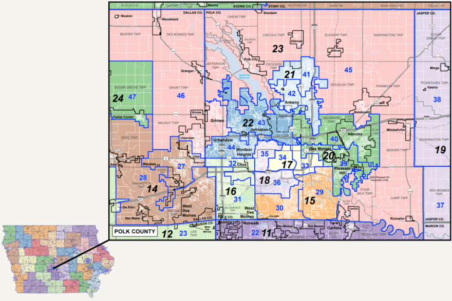 Current Legislative map for Polk County, which includes Senate District 20 represented in the green-filled area.