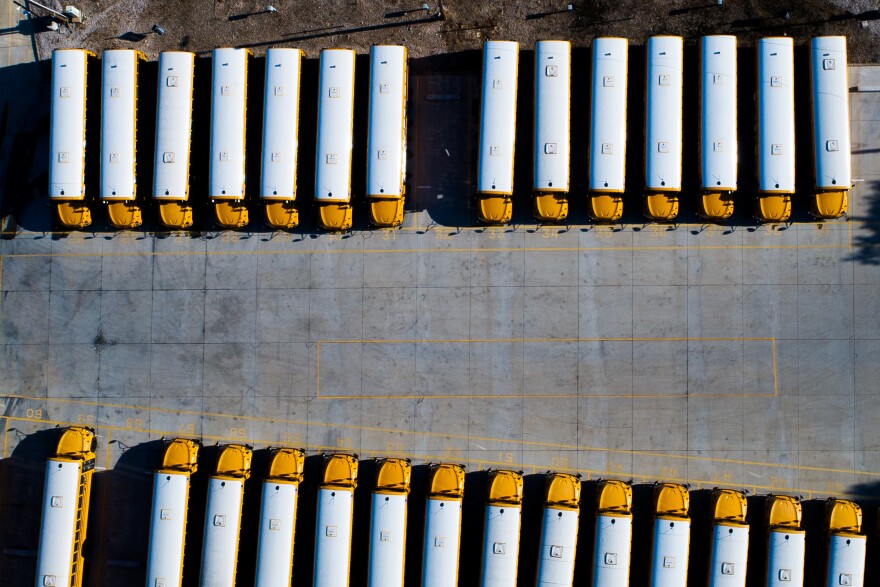 Buses are parked at the Rockwood School District's transportation headquarters on Wednesday, Aug. 17, 2022, in Wildwood. Like many districts in the region, Rockwood is also experiencing a bus driver shortage.