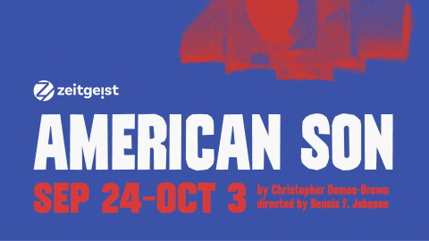 Poster with a blue background with white and red text advertising a production of "American Son"; a stoplight in red tones in the background