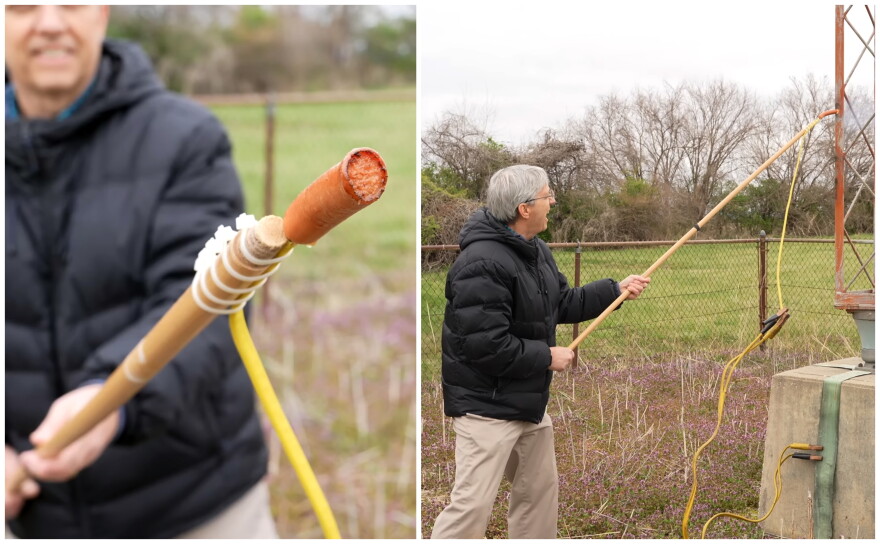 Screenshots from a March 2024 YouTube video show radio engineer Joe Geerling using a long stick and jumper cables to test the power of an AM radio tower in St. Charles. The end of the hot dog was burned away in seconds.