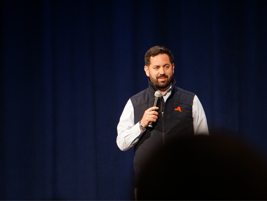 New York Congressman Mike Lawler speaking at a town hall at Mahopac High School in 2025.