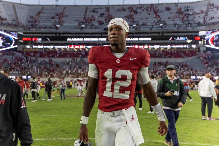 Alabama quarterback Keelon Russell (12) walks off the field after an NCAA college football game against Texas A&M, Saturday, Oct. 24, 2026, in Tuscaloosa, Ala. (AP Photo/Vasha Hunt)