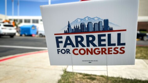 A M campaign lawn sign outside of the Utah Democratic Convention at Jordan High School in Sandy, April 25, 2026.