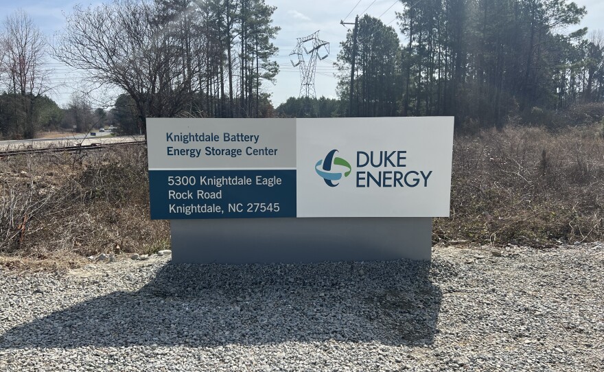 A sign for the Knightdale Battery Energy Storage Center in Knightdale on March 5, 2026.