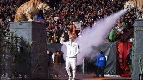 Cincinnati Bengals quarterback Joe Burrow enters the field during the Super Bowl LVI Opening Night Fan Rally, Monday, Feb. 7, 2022, in Cincinnati.