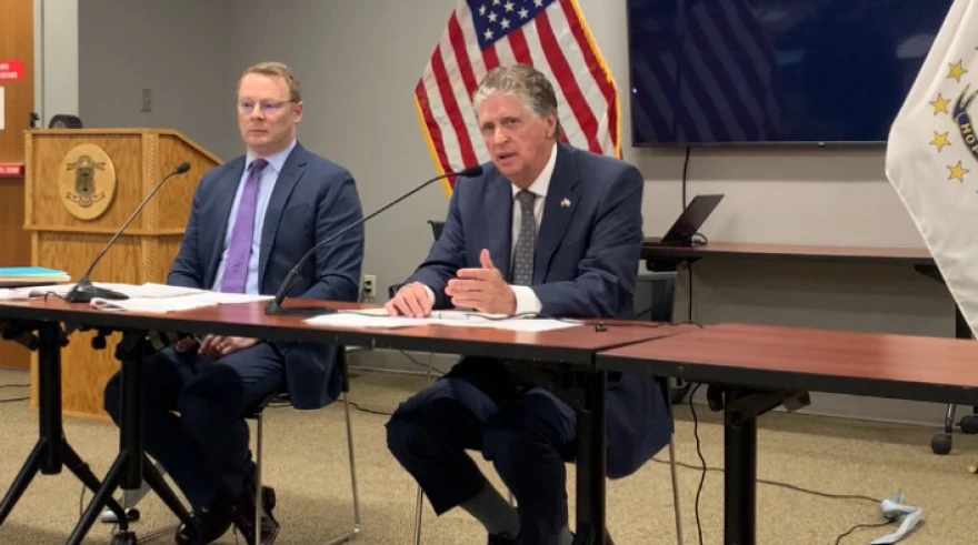 Brian Daniels, Director of the governor's Office of Management and Budget, and Rhode Island Gov. Daniel McKee at a press briefing Wednesday, June 25, 2025.