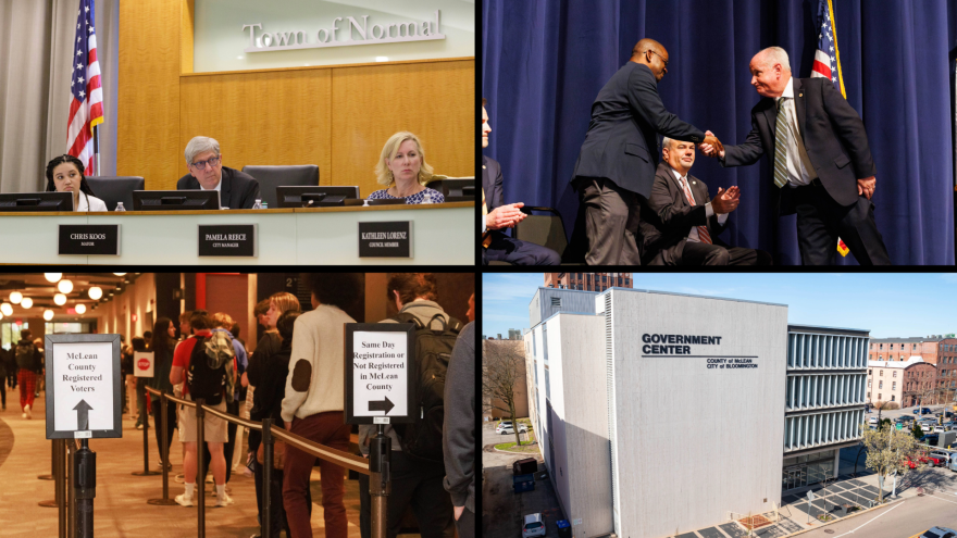 Collage of four photos. The top left photo is the Normal Town Council in their chambers, the top right photo is former Bloomington mayor Mboka Mwilambwe shaking hands with mayor Dan Brady, the bottom left photo is a line of voters, and the bottom right photo is an aerial view of the Government Center in downtown Bloomington.