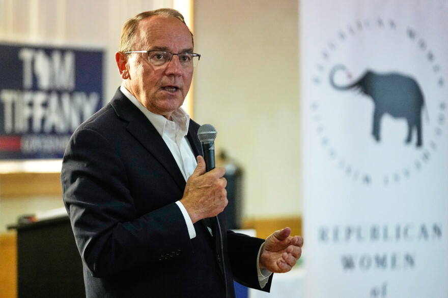 FILE - Republican gubernatorial candidate Tom Tiffany talks to supporters during a campaign event, July 29, 2026, in Kenosha, WI.