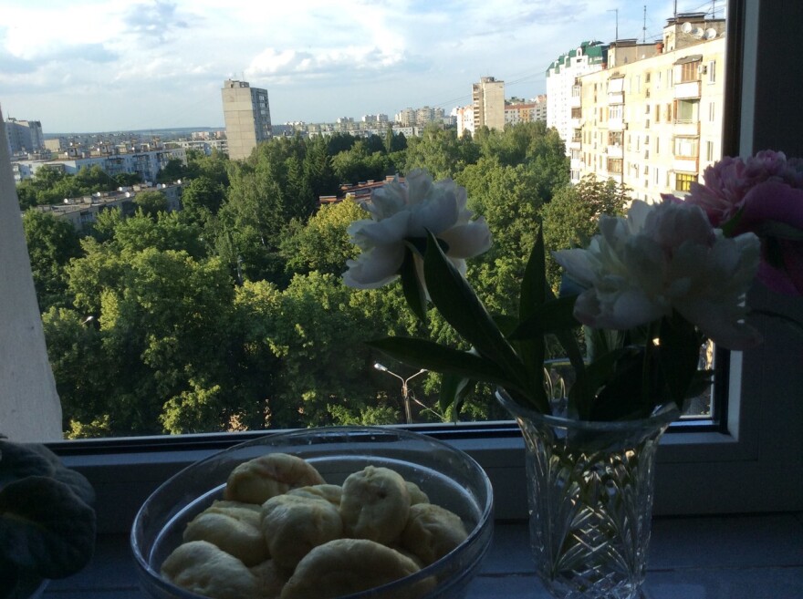 When Russia's invasion began, Volodymyr and Luba, Natasha's parents, watched missiles fall on Kharkiv from their apartment window, pictured here before the war.