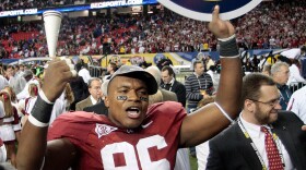 FILE - Alabama's Luther Davis (96) reacts after their 32-13 win over Florida in the SEC championship NCAA college football game at the Georgia Dome in Atlanta, Dec. 5, 2009. (AP Photo/Dave Martin, File)