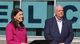 Anchorage mayoral candidate Suzanne LaFrance (left) and former candidate Bill Popp respond to reporter questions during a press conference on April 10, 2024. (Wesley Early/Alaska Public Media)