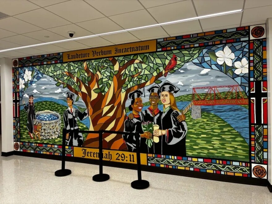 A new mural on the third floor of UIW’s Founders Hall depicts the university’s future. It was painted by students Giani Melendez, Jac Servin, MJ Davis, and Marissa Neuner.