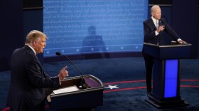 President Donald Trump and Democratic presidential candidate former Vice President Joe Biden exchange points during the first presidential debate Sept. 29, 2020, at Case Western University and Cleveland Clinic, in Cleveland, Ohio. President Joe Biden is trying to focus the campaign on former President Donald Trump's comments and policy proposals, sometimes more than his own. It's a time-worn strategy of White House incumbents to try to negatively define their rivals in the public's eyes.