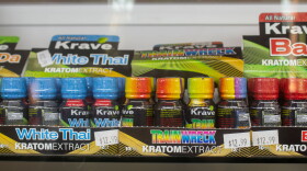 Kratom products line the shelves of a smoke shop in Oklahoma City.