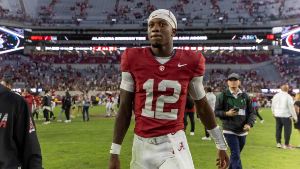 Alabama quarterback Keelon Russell (12) walks off the field after an NCAA college football game against Texas A&M, Saturday, Oct. 24, 2026, in Tuscaloosa, Ala. (AP Photo/Vasha Hunt)