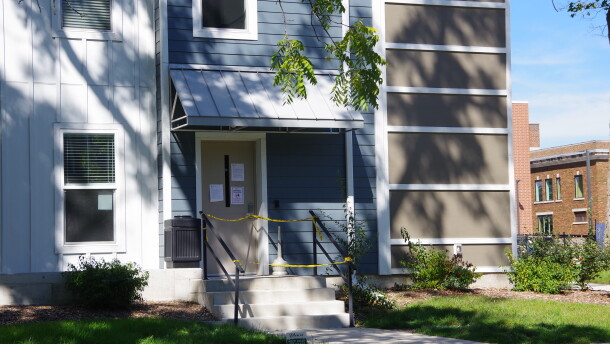 A first-floor entrance to Tyden Lofts in Hastings, MI is seen taped off with police tape on Monday, Sept. 14, 2026. First-floor residents were blocked from their units for longer than others, due to the presence of ricin in a first-floor unit. Officials say residents have been given the all-clear to safely return to the complex.