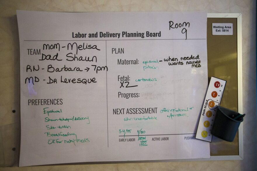 Low-tech, but highly communicative, a whiteboard in the delivery room made sure all members of the birth team were clued in to procedures and preferences throughout labor.