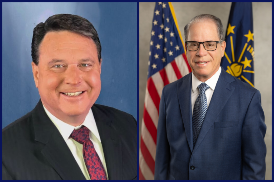 Left, Indiana Attorney General Todd Rokita headshot. Right, Indiana Gov. Mike Braun headshot. Rokita is a white man in a black suit with a red tie. Braun is a white man with glasses, a dark blue suit and a blue and silver tie. An Indiana flag and a US flag are behind him. 
