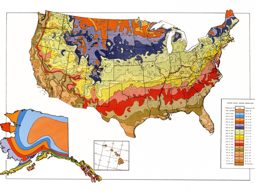 The last iteration of the Plant Hardiness Zone Map, from 1990. In the 2012 map, many zone boundaries have shifted significantly.