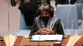 U.S. Ambassador to the United Nations Linda Thomas-Greenfield speaks at a United Nations Security Council meeting to discuss the situation between Russia and Ukraine on Monday.