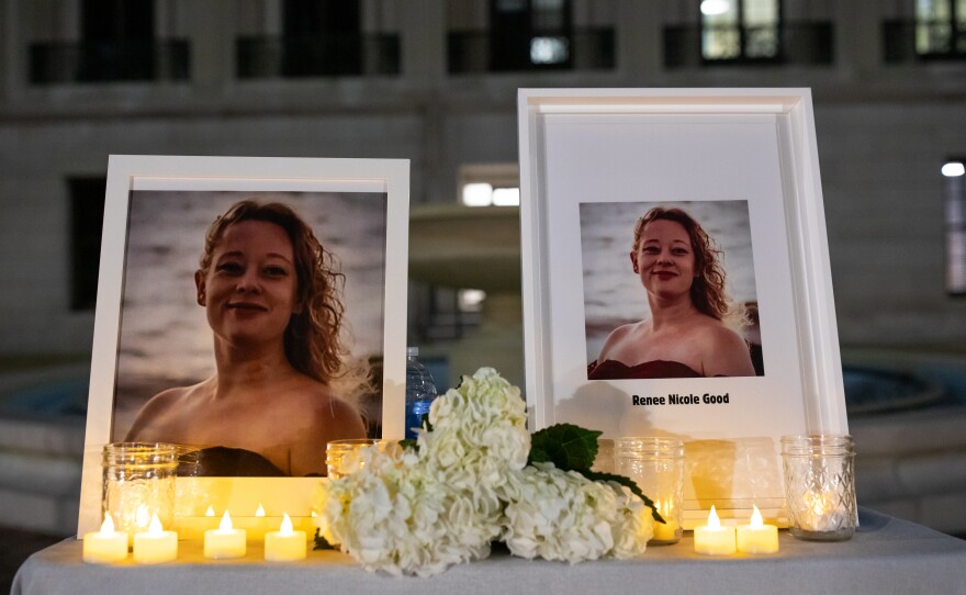 A vigil for Renee Good and other victims of ICE violence is held on the steps of the Alton Lennon Federal Building in downtown Wilmington on January 14, 2025. Community members listened as organizers with Siembra NC and elected officials spoke and honored the victims.