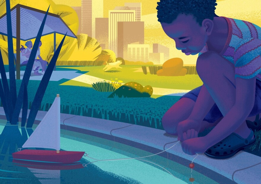 Illustration of a Black boy playing with a toy boat in a fountain in a park with high rises in the background.