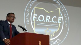 Ohio Attorney General Andy Wilson speaks at a press event about the launch of the Fraud and Organized Retail Crime Engagement task force, Aug. 6, 2026.
