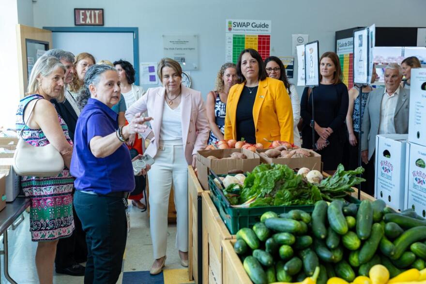 Gov. Maura Healey and Lt. Gov. Kim Driscoll visited the Mystic Community Market at Walnut Street Center in Medford on Thursday, July 17, 2025, where they launched the Anti-Hunger Task Force.