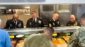 Senior leaders of the 49th Missile Defense Battalion serve dinner to soldiers and civilian contractors on Nov. 23, 2022, a Thanksgiving tradition at Fort Greely’s Ballistic Bistro.