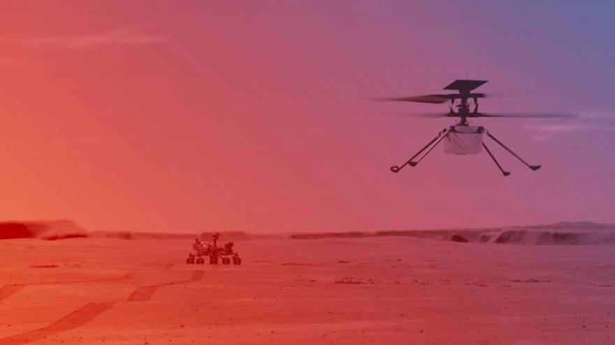 An illustration of how NASA has planned the Ingenuity Helicopter to fly over Mars.