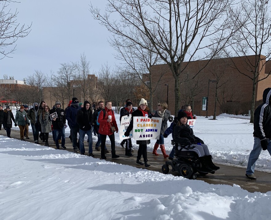 Students walk to picket lines during first week of Wright State's faculty strike. 