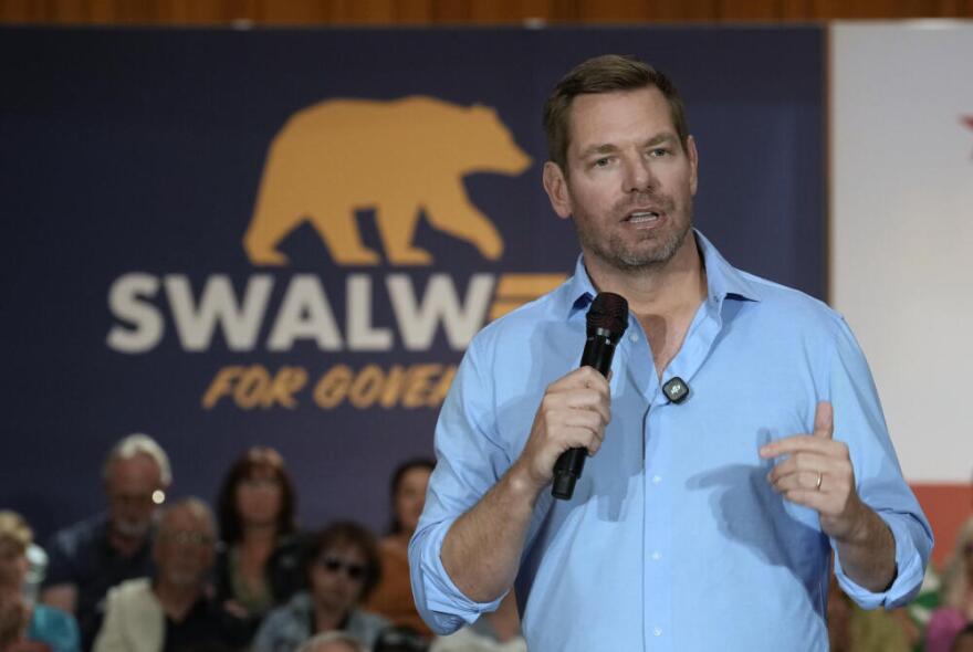 Former California gubernatorial candidate, Rep. Eric Swalwell, D-CA, appears at a town hall meeting in Sacramento, Calif., Tuesday, April 7, 2026. (Rich Pedroncelli/AP)