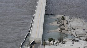 A damaged causeway to Sanibel Island is seen in the aftermath of Hurricane Ian , Thursday, Sept. 29, 2022, near Sanibel Island, Fla. (AP Photo/Wilfredo Lee)