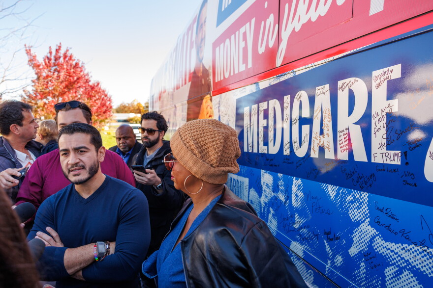 Democratic nominee for U.S. Senate Abdul El-Sayed speaks to reporters after a rally in Flint, Mich., on Oct. 18, 2026.