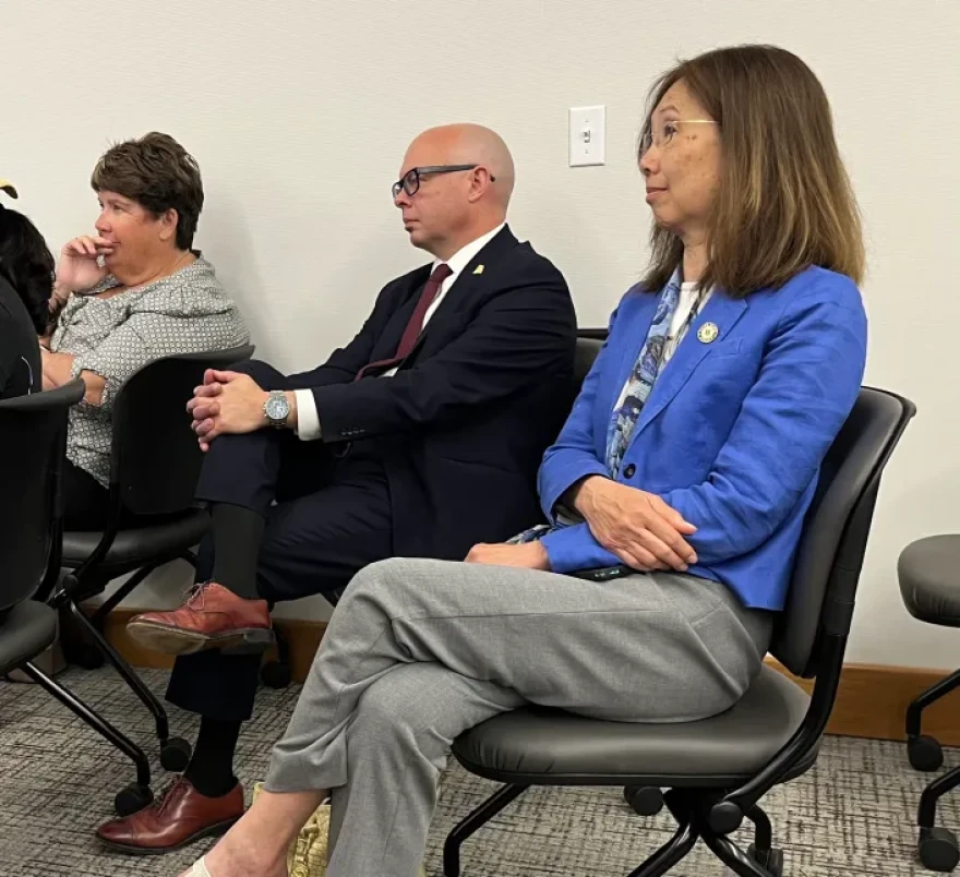 Lynn Blais of UNAP, Patrick Crowley of the AFL-CIO and state Sen. Linda Ujifusa were among those listening to the presentation.