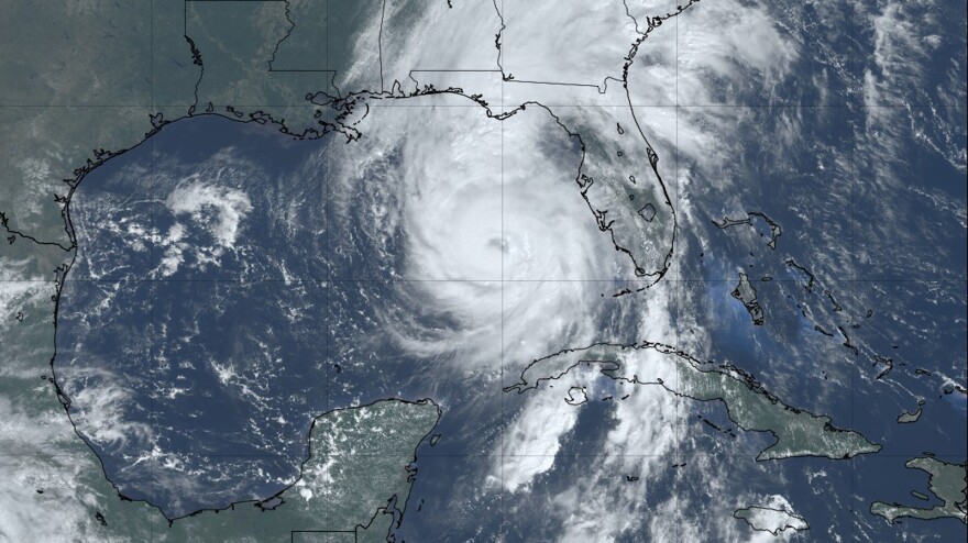 A satellite image of Hurricane Helene as it moves up the Gulf Coast, about 100 miles west of Tampa Bay.