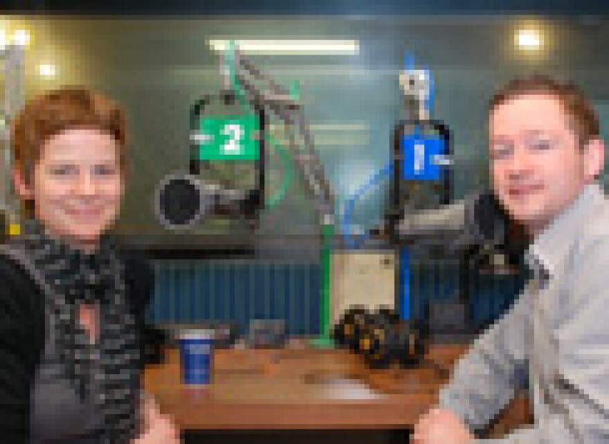 Julia Oschatz and Christopher Cook in KCUR's recording studio